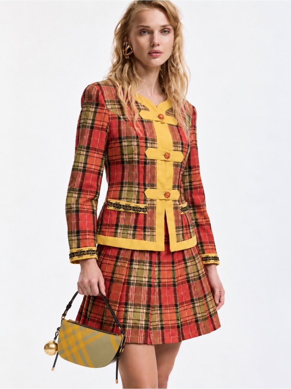 Vintage Plaid Skirt Suit Set Red Yellow Wool Tweed Academy Preppy Clueless